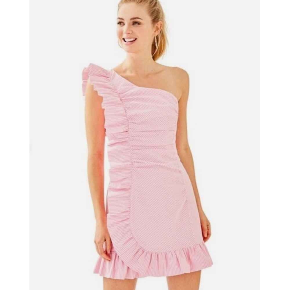 New LILLY PULITZER Tiffani One-Shoulder Dress in Havana Pink *Barbiecore* NWT - Picture 14 of 16